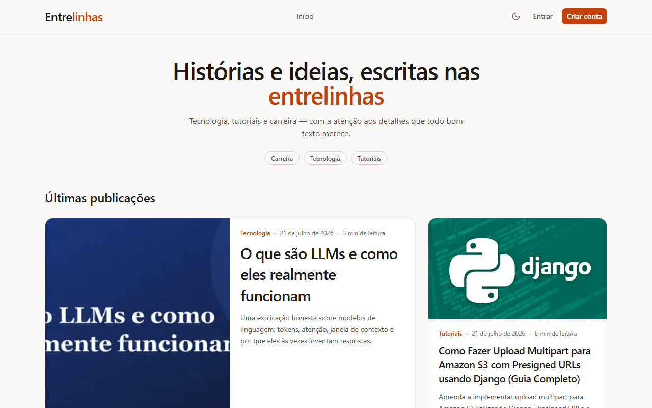 Entrelinhas home feed with latest posts and category filters