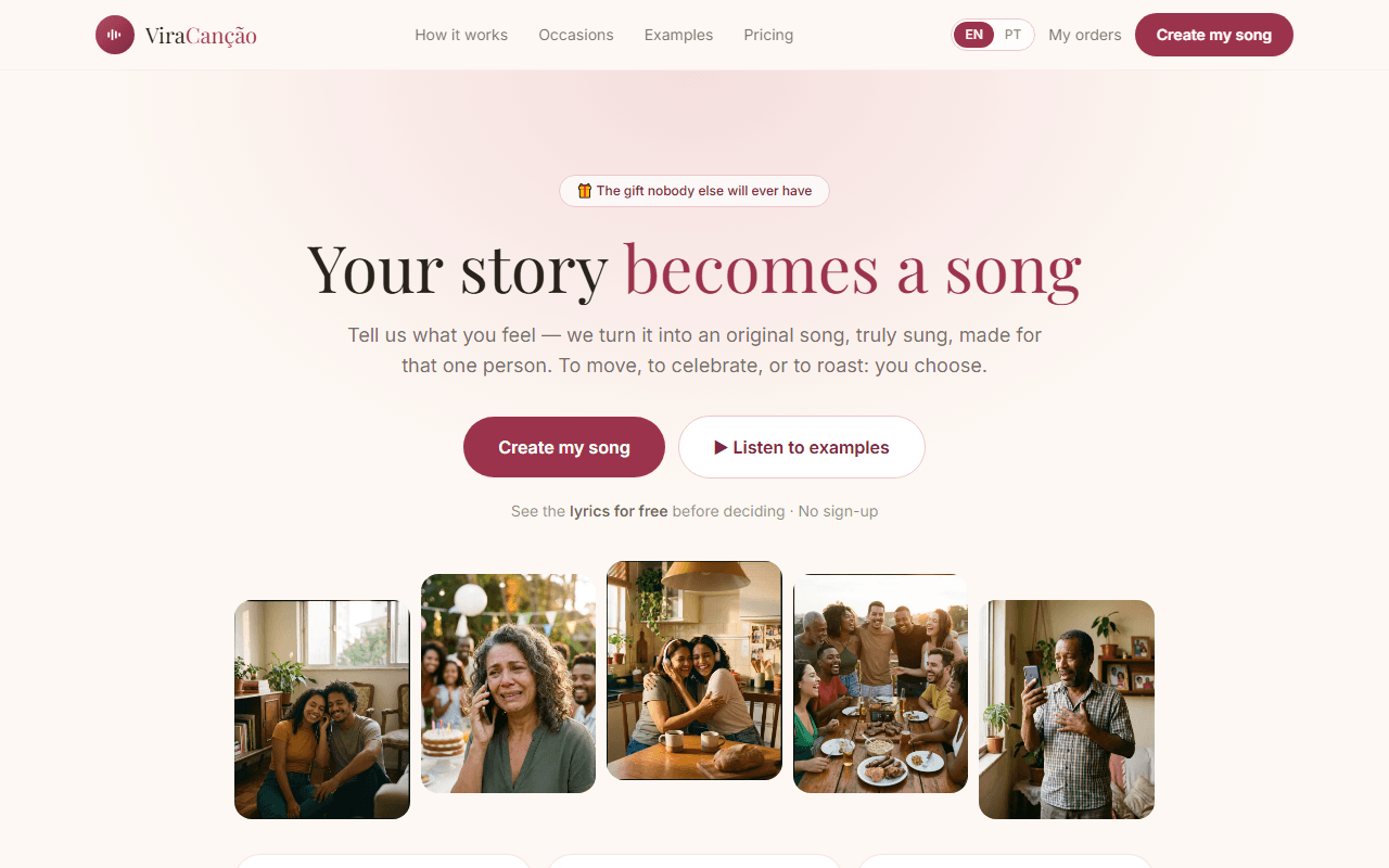Vira Canção landing page: “Your story becomes a song”